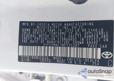 2022 Toyota Corolla Le from USA, damaged, VIN 5YFEPMAE1NP325367